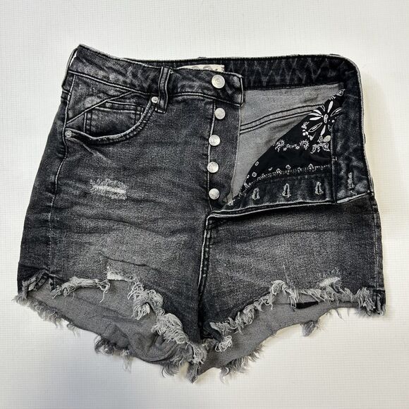WE THE FREE Crvy Distressed Hi-Rise Button Fly Cut Off Jean Shorts 28 Black - Picture 1 of 9